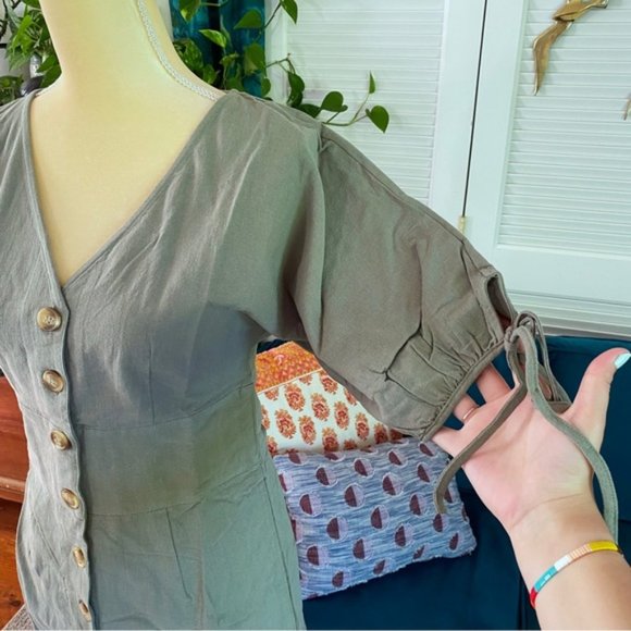 Entro | Sweeter Days Utility Puff Sleeve Retro Button Down Romper Olive Green - Picture 7 of 14